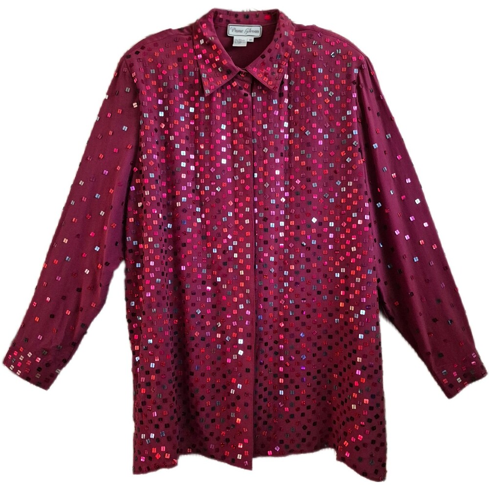 Diane Gilman Women's Silk Blouse Size 2X Red Long Sleeve Button-Up Sequins Bling
